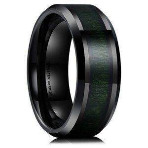 Mens Tungsten Wedding Band 8mm. Black w/ Ultra Dark Green Wood Inlay & Beveled.